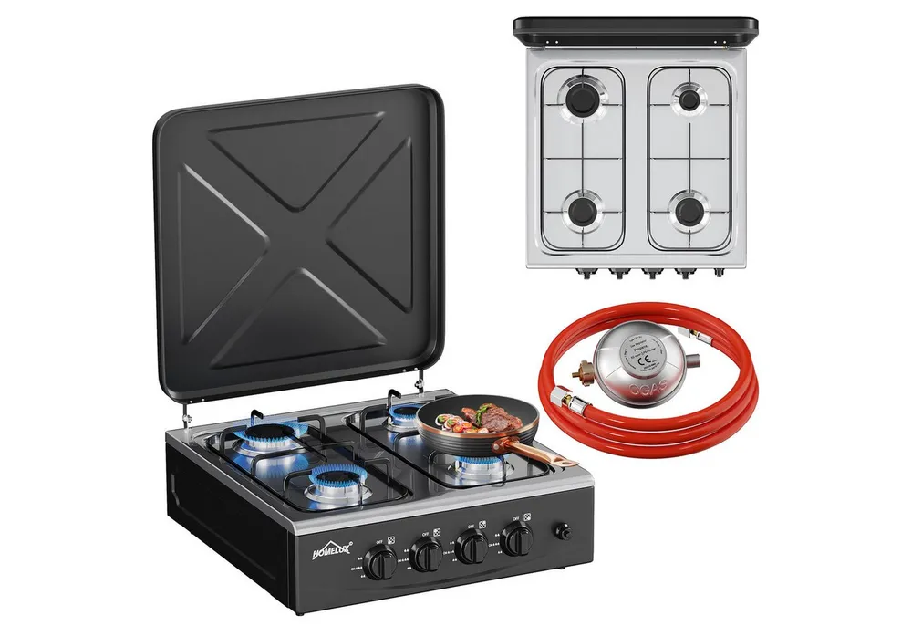 HOMELUX Gaskocher Campingkocher, 3/4/5 Flammig Gasherd Kochfeld, Campingkocher mit 1,5M Anschlussschlauch und Druckminderer 50 mbar