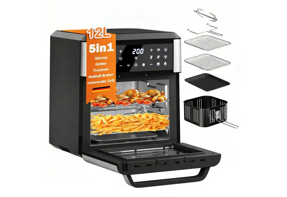 HOMELUX Heißluftfritteuse, 1800,00 W, 12 programme,5-in-1 Kombiniert Grillen,Braten,Grillen,Trocknen,Gärung
