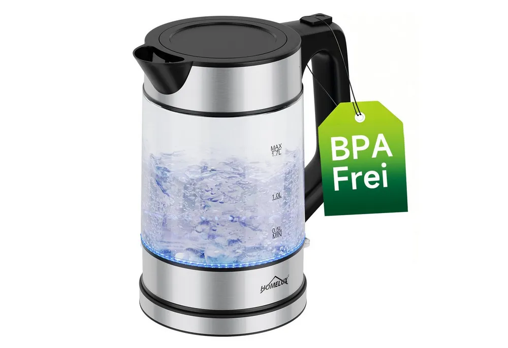HOMELUX Wasserkocher Glas 1.7L Glaswasserkocher Mit Led-Beleuchtung Abschaltautomatik, 1.7 l, 2200 W, Glaswasserkocher mit Kalkfilter, Trockenlauf, BPA-Frei