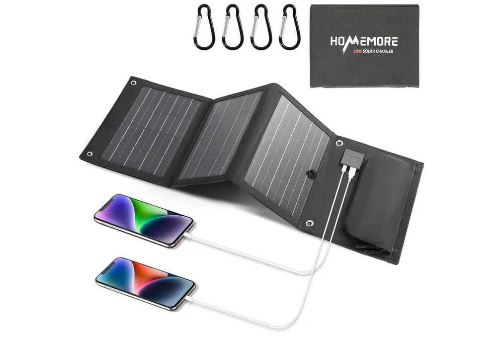 HOMEMORE Tragbares 28W Solarpanel Faltbar Solarmodul Solartasche Solarladegerät (mit QC3.0-USB-A/Typ-C Anschluss, für Handy Tablet Powerbank Kamera usw)