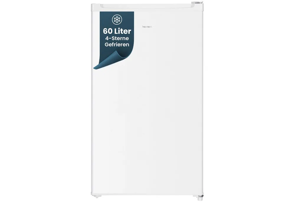 homeX Gefrierschrank FS1016-W, 85 cm hoch, 47.5 cm breit, 60 Liter, Tiefkühlschrank klein, Freezer, 4-Sterne Gefrieren, leise