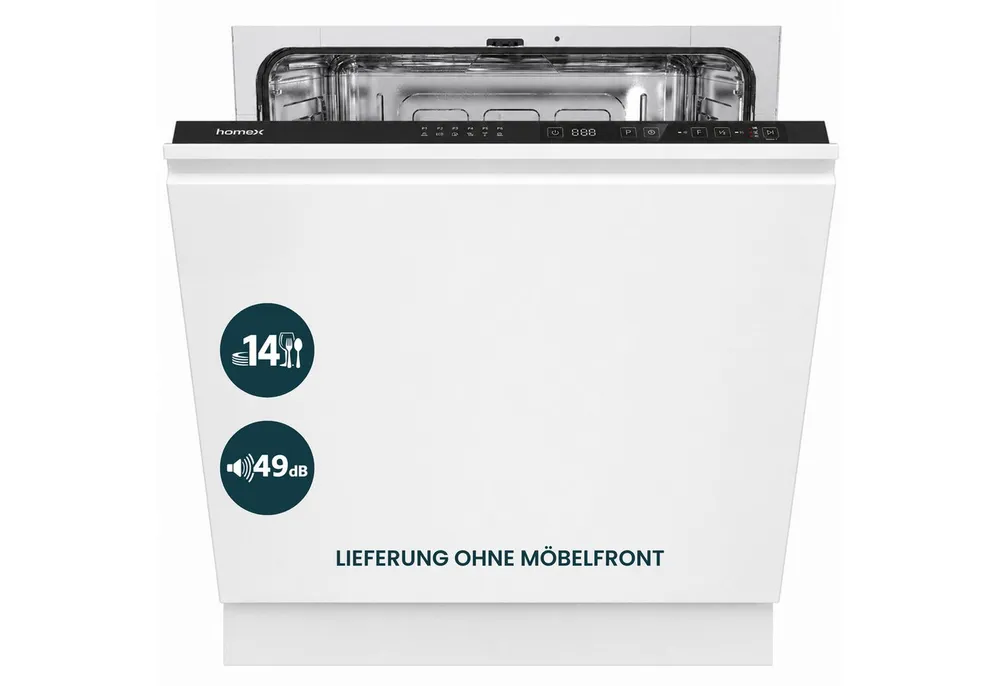 homeX vollintegrierbarer Geschirrspüler DWFI601449E, 12 l, 14 Maßgedecke, Einbau Spülmaschine vollintegriert 60 cm, 6 Programme, AquaStop, 49 dB