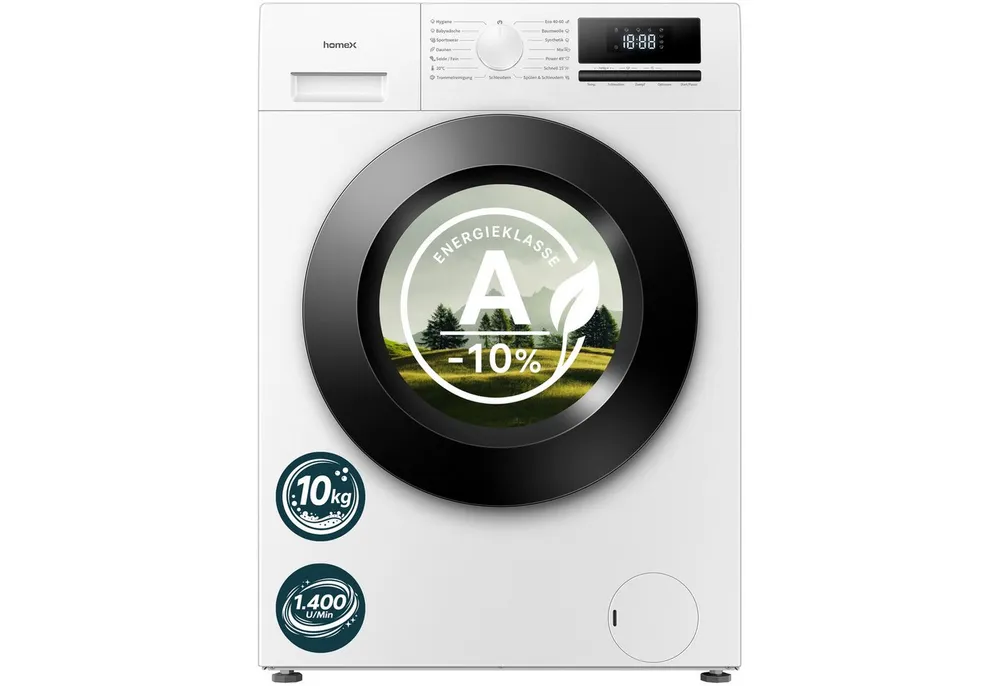 homeX Waschmaschine WF1014H1A-W, 10 kg, 1400 U/min, Frontlader 10kg, Dampffunktion, AquaStop, Inverter Motor, EEK A -10%