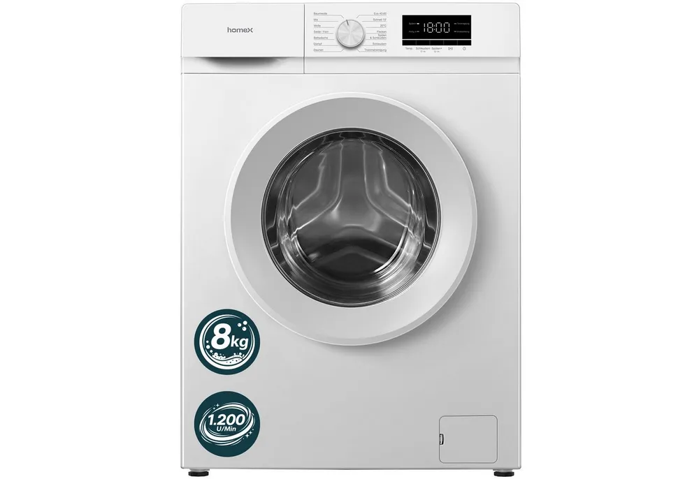 homeX Waschmaschine WF812K1A-W, 8 kg, 1200 U/min, Frontlader, Inverter Motor, AquaStop, 8kg, leise 74 dB, EEK A, weiß