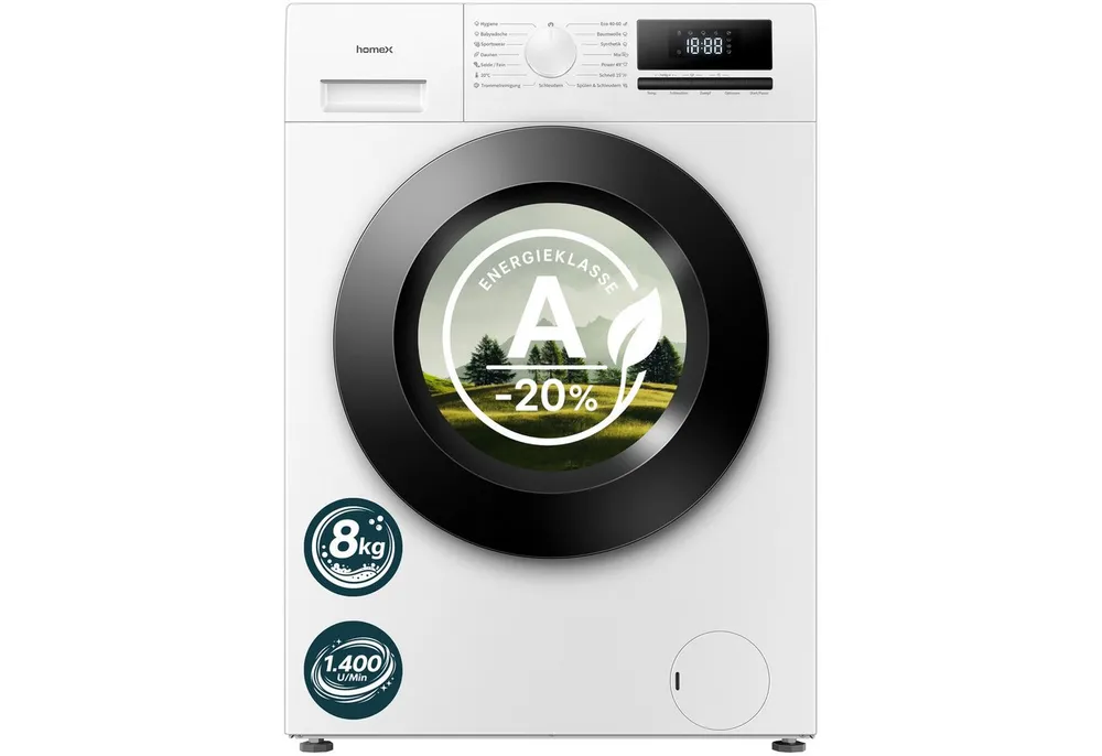 homeX Waschmaschine WF814H1A-W, 8 kg, 1400 U/min, Frontlader 8kg, Dampffunktion, AquaStop, Inverter Motor, EEK A -20%