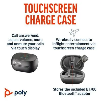 HP Poly Voyager Free 60+ UC Carbon Black Earbuds +BT700 USB-C Adapter +Touchscreen-Ladeetui