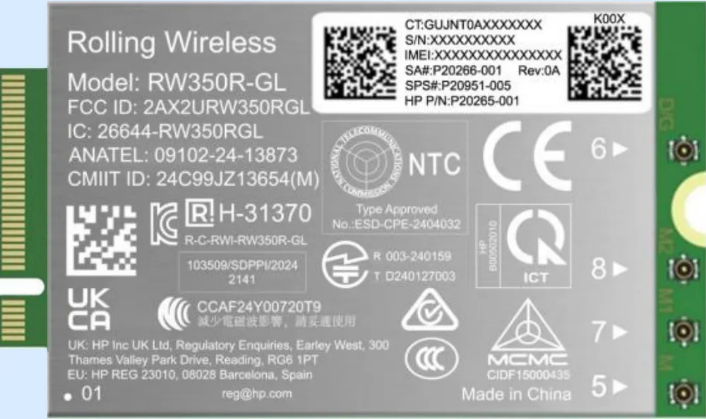 Tarjeta de Red HP RW350R-GL WWAN 4G LTE Cat19 1 Gbit/s eSIM