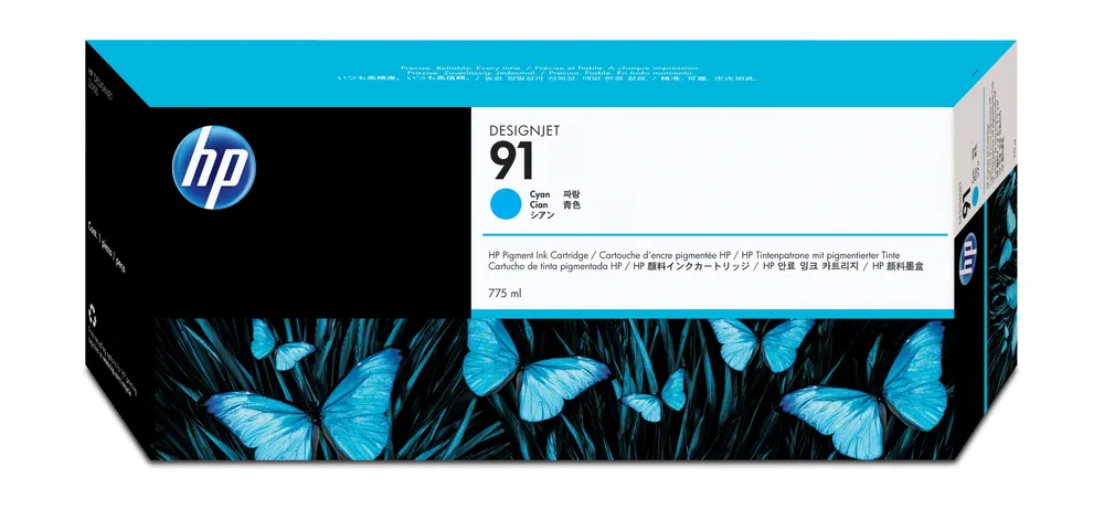 HP 91 775 ml pigmentblekkpatron med Vivera-blekk, cyan Druckerpatrone 1 Stück(e) Original