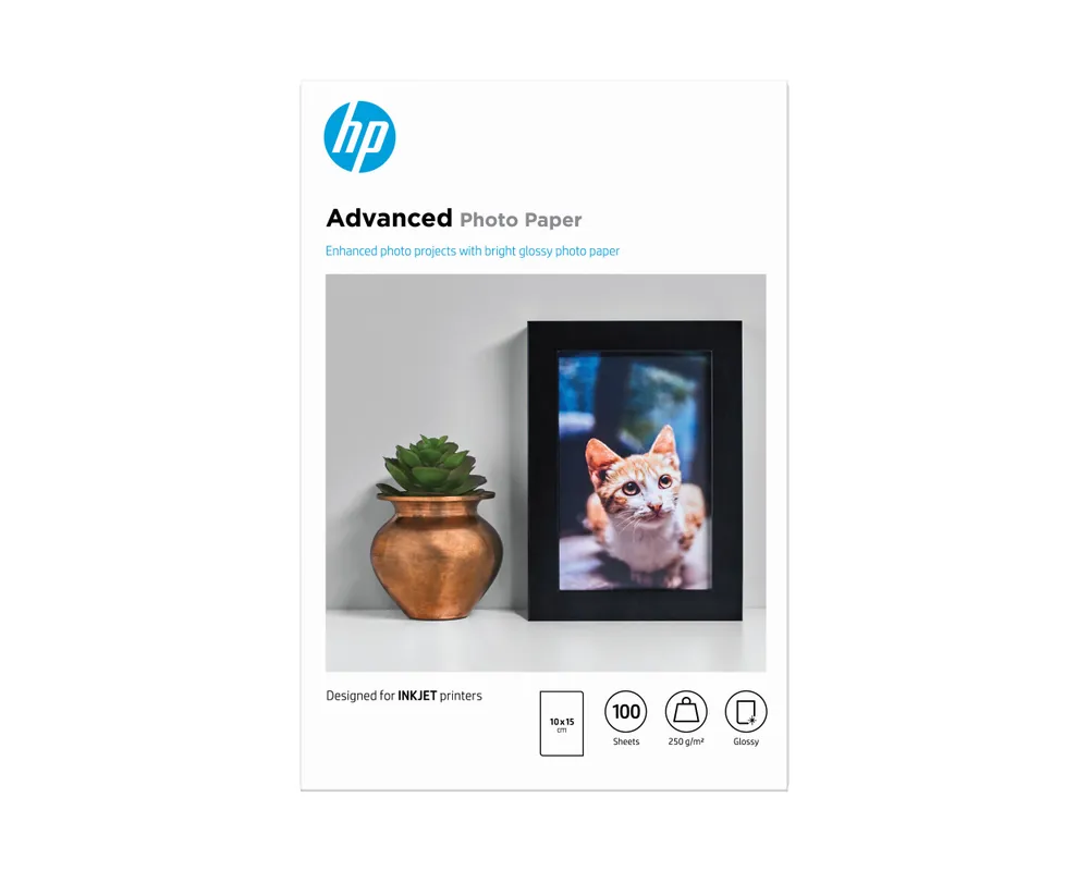 HP Advanced glänzend 250 g/m²-100 Blatt/10 x 15 cm, randlos Fotopapier Schwarz, Blau, Weiß Glanz