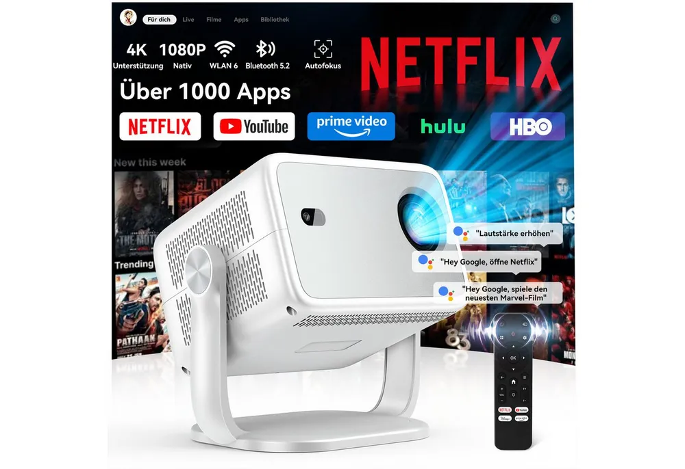 Huidun PT10 Beamer Native 1080P, 360° Drehbarer, Mit Netflix Zertifizierung Beamer (3000 lm, 1500:1, 1920 x 1080 px, Sprachsteuerung, FULL HD, WiFi 6+BT 5.4, bis 200 Zoll)