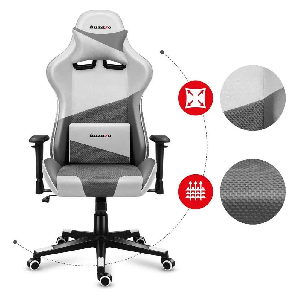 Gaming Stuhl Huzaro Force 6.2 130 kg verstellbar Stahlgestell Stoff Grau Weiß