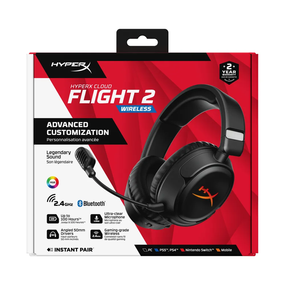 Auriculares HyperX Cloud Flight 2 inalámbricos Bluetooth Gaming con aktiver Geräuschunterdrückung, RGB, Schwarz
