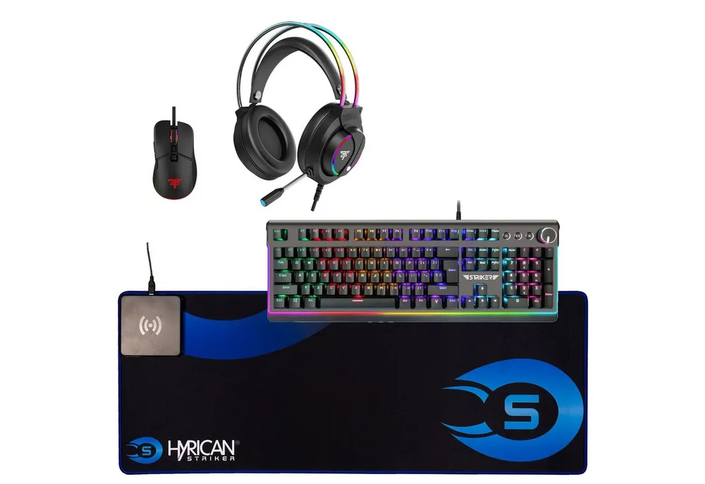 Hyrican Striker XXL-Mauspad mit Qi-Ladefunktion, Gaming-Maus, Tastatur- und Headset-Set, (Set, inklusive ST-GM005 und Mauspad ST-MP15), mit RGB-Beleuchtung, kabelgebunden