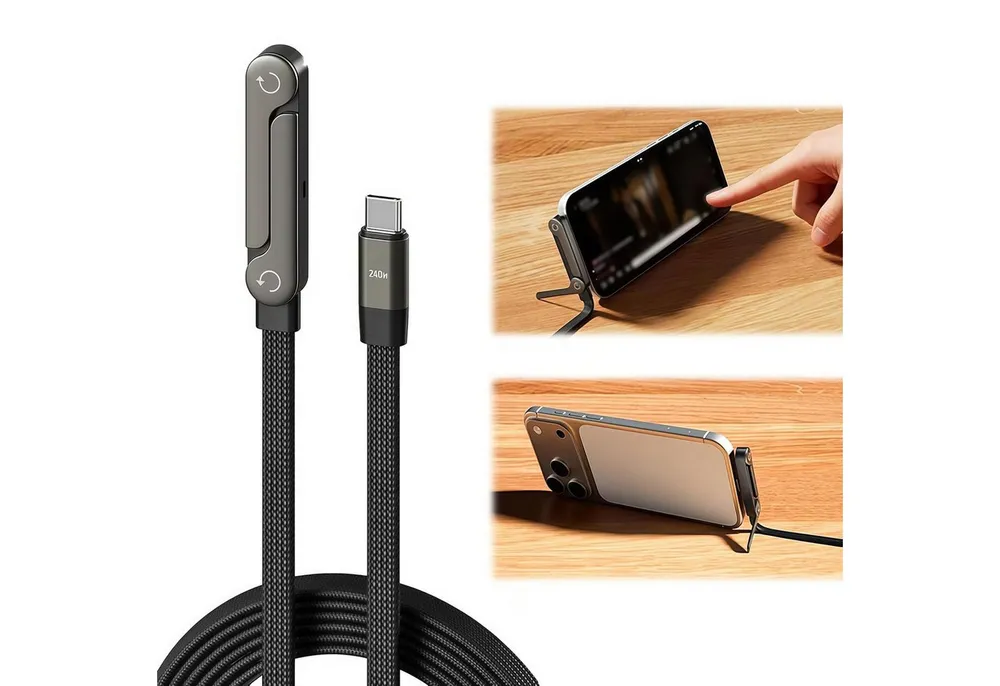 ibettertec 240W USB C Ladekabel seitlich mit Faltbar Handy Ständer 1,5M Batteriekabel, USB-C auf C Datenkabel mit 90° rechtwinkligem Stecker, 2-in-1 Schnellladekabel, für Laptop, iPad, iPhone 17/16/15, Samsung Galaxy S25, Pixel, Xiaomi usw.