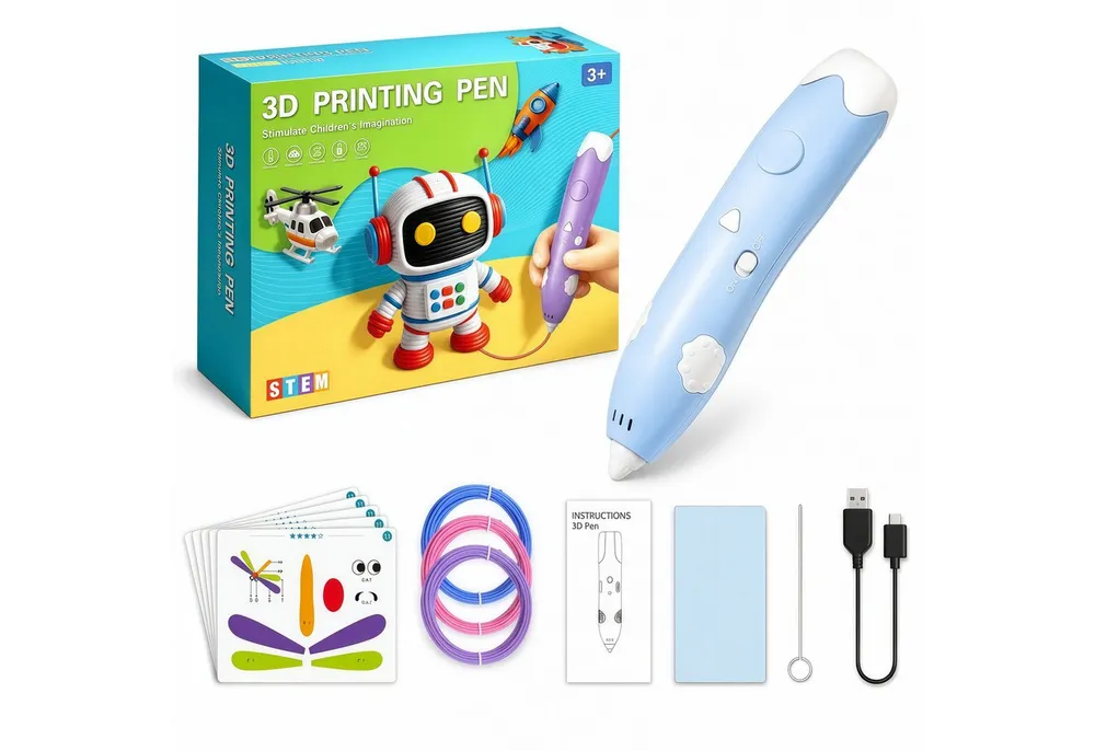 ibettertec 3D-Drucker 3D Druckstift Set für Kinder ab 3 Jahren, blauer 3D Stift mit PCL, Filamenten, Zeichenfolien, USB-Ladekabel und Zubehör, kreatives
