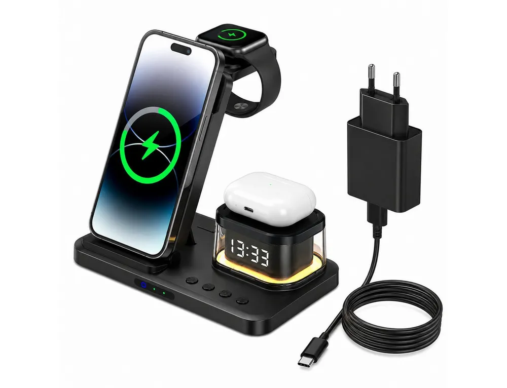 ibettertec 5-in-1 Kabellose Ladestation mit Uhr und Nachtlicht Ladestation (15W Schnellladegerät für iPhone, Apple Watch und AirPods, faltbar, kompatibel mit Samsung Galaxy)