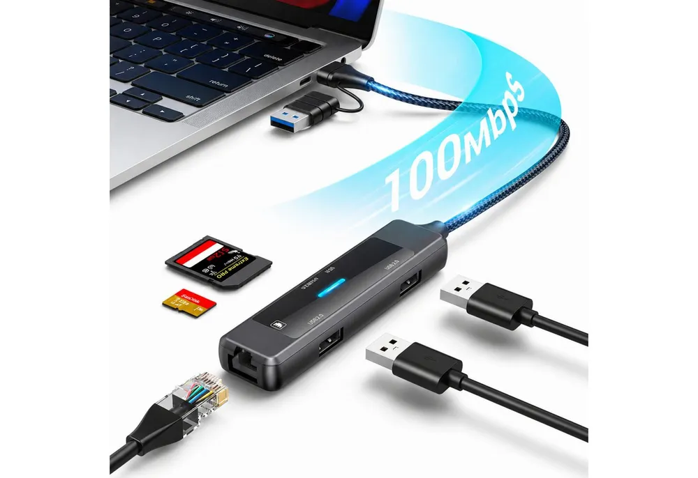 ibettertec 5-in-1 USB 3.0 Hub mit RJ45 Ethernet Adapter, USB-A & USB-C, SD/TF USB-Adapter Kartenleser, 100 Mbit/s, kompakter Multiport Adapter für Laptop zu Tablet & Smartphone