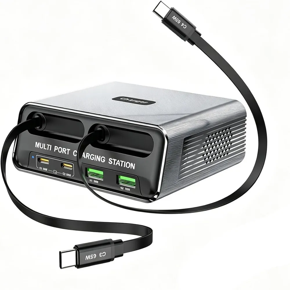ibettertec 6-in-1 USB-C Ladestation mit 2 integrierten Einziehkabeln Smartphone-Kabel, 2 USB-C- und 2 USB-A-Anschlüssen für Smartphone, Tablet und Laptop