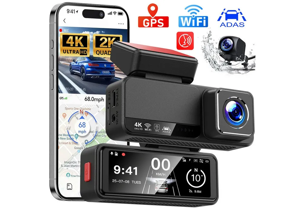 ibettertec ADAS Dashcam Auto,2-Kanal 4K+1080P Autokamera,GPS 3.2 Zoll-Bildschirm Dashcam (4K Ultra HD, WLAN(Wi-Fi), Zeitrafermodus, Zeitrafermodus, App-Steuerung Autokamera,140°Ultraweitwinkel, Super Nachtsicht, Autokamera,G-Sensor, Loop-Aufnahme,WDR)