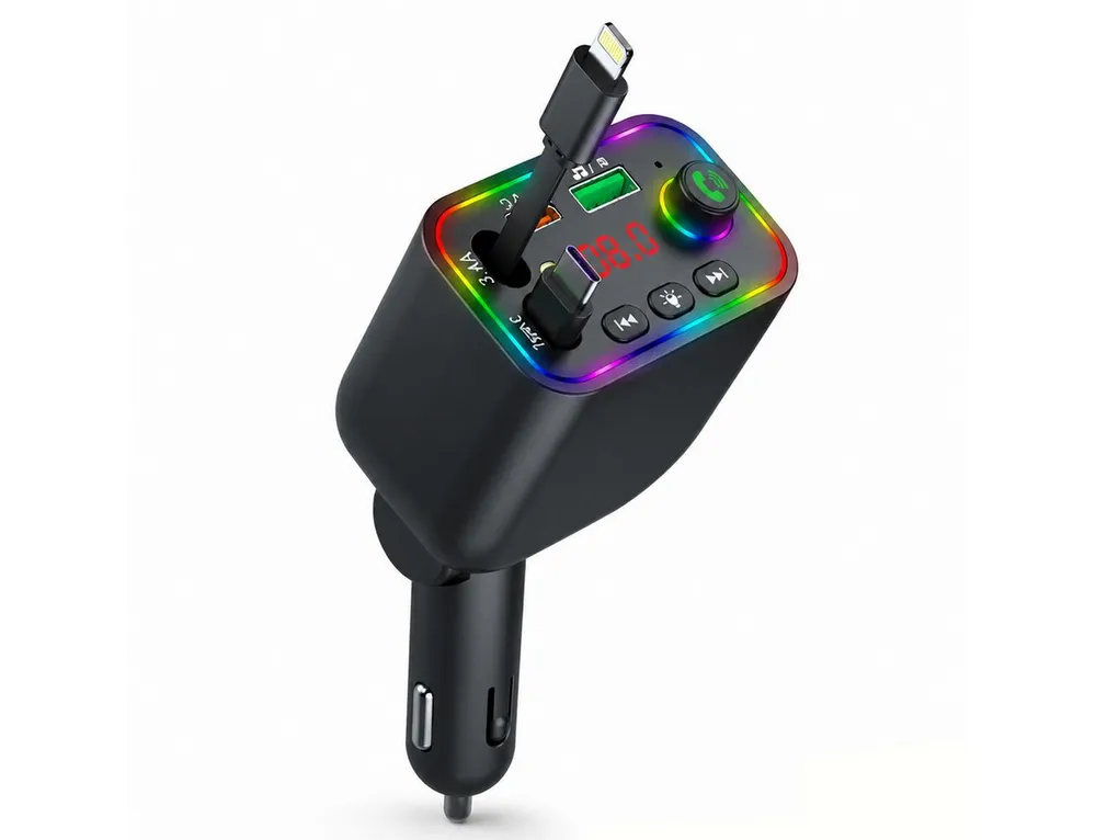 ibettertec Bluetooth FM 5.3Transmitter für Auto,PD3.0/PP/PPSQC4.0+AFC Schnelllade USB-Ladegerät (Bluetooth FM Transmitter Auto zu mit Dual einziehbaren Kabeln)