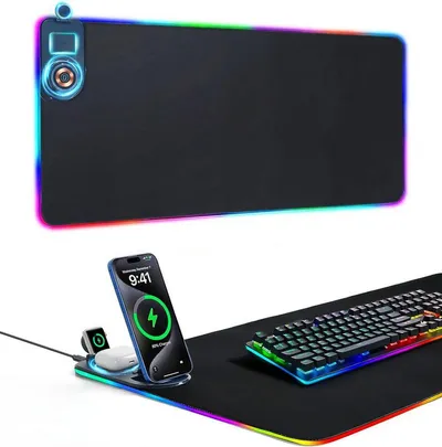 ibettertec Gaming Mauspad RGB Mousepad Induktive Ladestationen, 3 in1 MagSafe Ladegerät (für Büro und Zuhause, schwarz, Wireless Charger, Wasserfestes Mauspad mit Handyhalterung), 15W kabelloses Laden,800 × 300 × 17 mm, 15 RGB-Beleuchtungsmodi