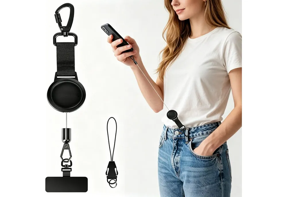 ibettertec Handykette Einziehbares Handy-Sicherungsband, Einziehbarer Umhängeband mit Diebstahlschutz und Metallhaken und 360°-Metallhalterung, Handy-Umhängeband für Outdoor wie Wandern, Klettern und Angeln