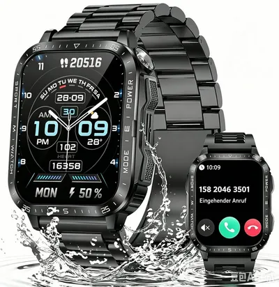 ibettertec Herren Smartwatch Militärisch mit Bluetooth Telefonie Smartwatch (4.98 cm/1,96 Zoll) 3ATM Wasserdicht, 1,96 Zoll HD Display, Zwei Armbänder, LED-Taschenlampe, 430mAh Akku, Fitnessuhr für Android iPhone