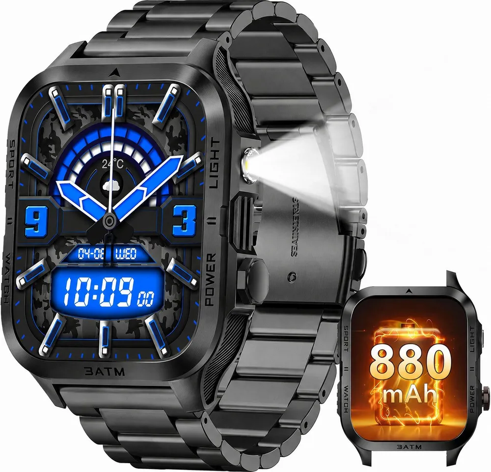 ibettertec Herren Smartwatch Outdoor mit Telefonfunktion, Smartwatch (4,98 cm/1,96 Zoll) Militärische Fitnessuhr mit Bluetooth-Anruf, LED-Taschenlampe, 100 Tage Akku, 3ATM wasserdicht, Pulsmesser, Schlafmonitor, Sport Smartwatch für Android iOS