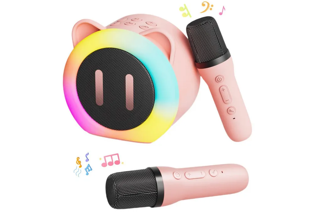 ibettertec Mikrofon Mini Bluetooth Karaoke Maschine mit 2 Drahtlosen Mikrofonen (mit Sprachveränderungseffekten und LED-Licht), Tragbare Bluetooth Lautsprecher Box, Jungen Mädchen Geschenke