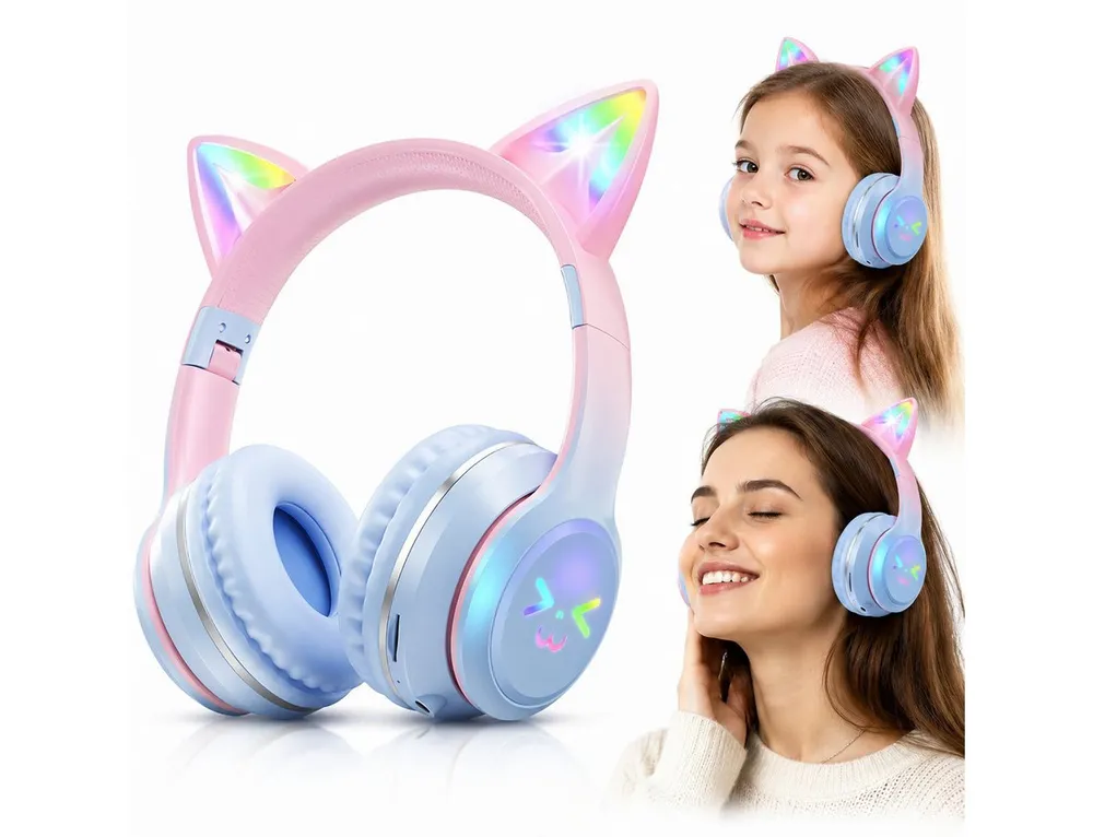 ibettertec Over-Ear-Kopfhörer Bluetooth 5.3 LED Katzenohren Faltbares Design Bluetooth-Kopfhörer (Katzenohr-Headset für Mädchen, kompatibel mit Tablet/Computer/Telefon, mit RGB-Lichtern,60 dB Lautstärkebegrenzung, HD Mikrofon)