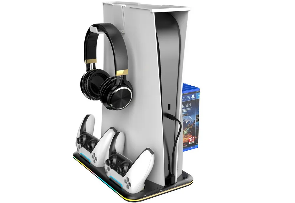 ibettertec PS5 Ständer mit 3 stufig Lüfter und RGB Licht Controller-Ladestation (PS5 Controller Ladestation,PS5 Standfuß für PS5 Disc/Digital Edition Controller Ladestation, mit Headset Halterung und mit 6 Spiele Lagerung)