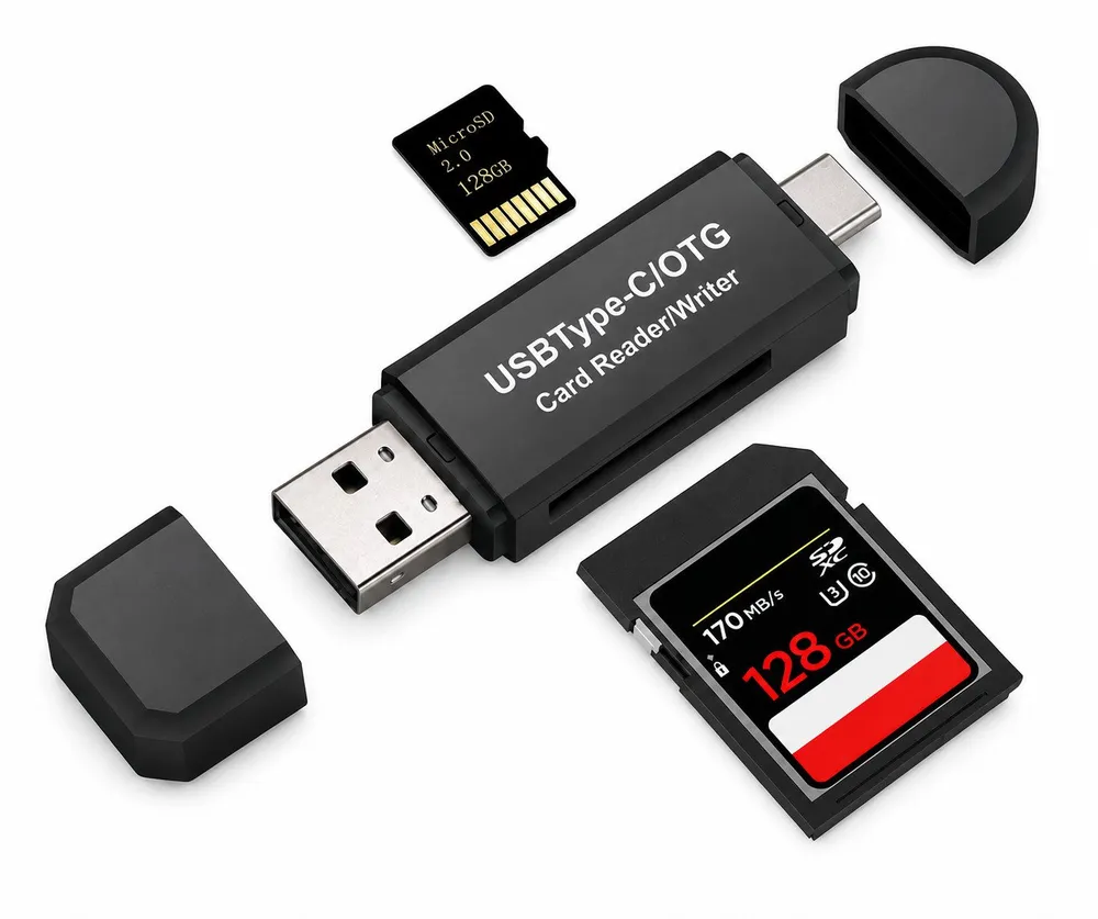 ibettertec SD Kartenleser 4-in-1 mit USB-C und USB-A, OTG Kartenleser für SD Speicherkarte (MicroSD, TF, SDHC, kompatibel mit Smartphone, Tablet, Laptop und PC)