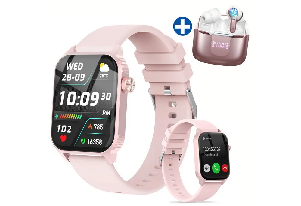 ibettertec Smartwatch Damen Herren und kabellose Bluetooth-Kopfhörer Set Smartwatch 1.85'' HD Fitnessuhr,Smart Watch for Women mit 200+ Sportmodi,Fitness Tracker mit Herzfrequenz,SpO2,Schrittzähler & Schlafmonitor,IP68 für iOS Android
