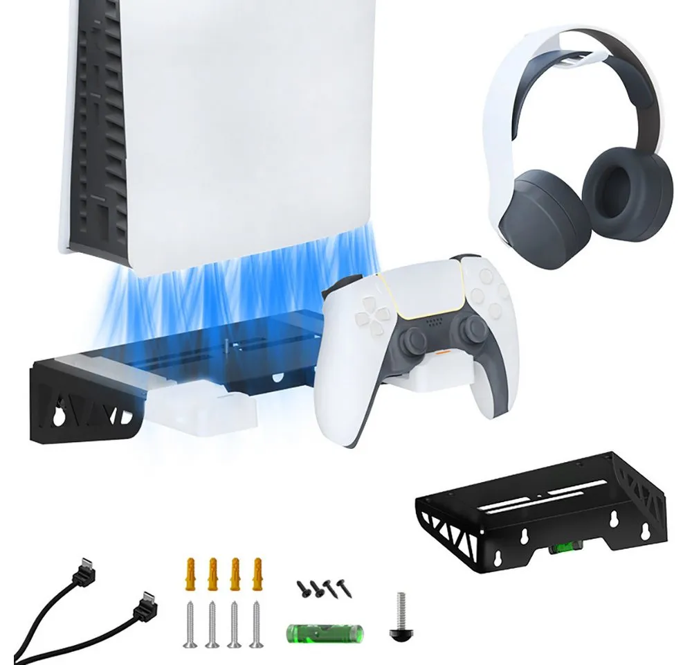ibettertec Wall Mount Wandhalterung PS5 Slim mit Lüfter mit Controller-Ladegerät Controller-Ladestation (Controller-Ladegerät für PS5, Ladestation PS5 mit Kopfhörerhalterung)