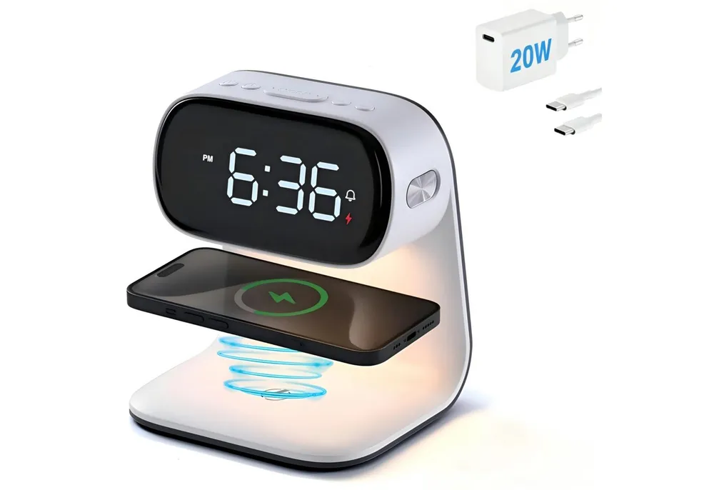 ibettertec Wireless Charger,3 in 1 Induktive Ladestation,Wecker und Nachtlicht Induktions-Ladegerät (für iPhone, Samsung,Apple Watch, AirPods,Other Qi-Certitied iPhone, Digitaluhr,Kabelloses Ladestation,3 Helligkeitsstufen,15W,Weiß)