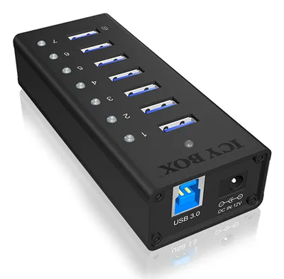 Hub ICY BOX 7 Ports 5000 Mbit/s IB-AC618 Aluminium Schwarz mit DC-Stromversorgung
