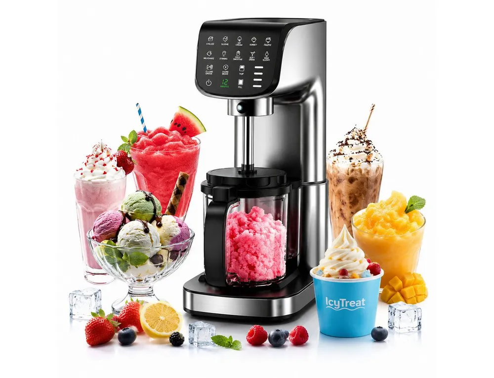 IcyTreat Eismaschine 12-in-1 Eismaschine aus Edelstahl, 500W, 568ml, inkl. 3 Behälter
