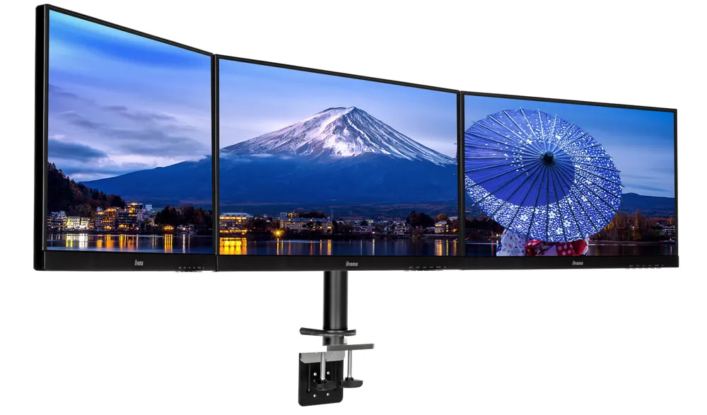 Generische Monitor-Tischhalterung, Klemme, 3 Bildschirme, 10"-27", 30 kg, 75 x 75 mm bis 100 x 100 mm, Schwarz
