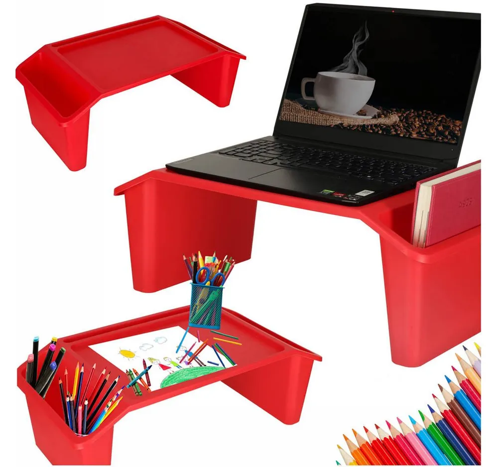 Ikonka Laptop-Ständer Laptop Tisch Organizer Klapptisch Auto Sofa Kinder Rot Kunststoff, (Laptop Tisch Organizer tragbar für Sofa Bett Auto Kinder Rot, 1x Laptop Tisch mit integrierten Ablagen und Gerätehalterung rot, stabile Ablage, Seitenfächer, Tablet- und Smartphone-Halterung)