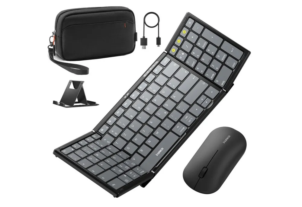 Inateck Faltbare Kabellos Klappbare Tastatur mit Ziffernblock mit 3 Kanälen Tastatur- und Maus-Set, mit Ständer und Zubehör Tasche