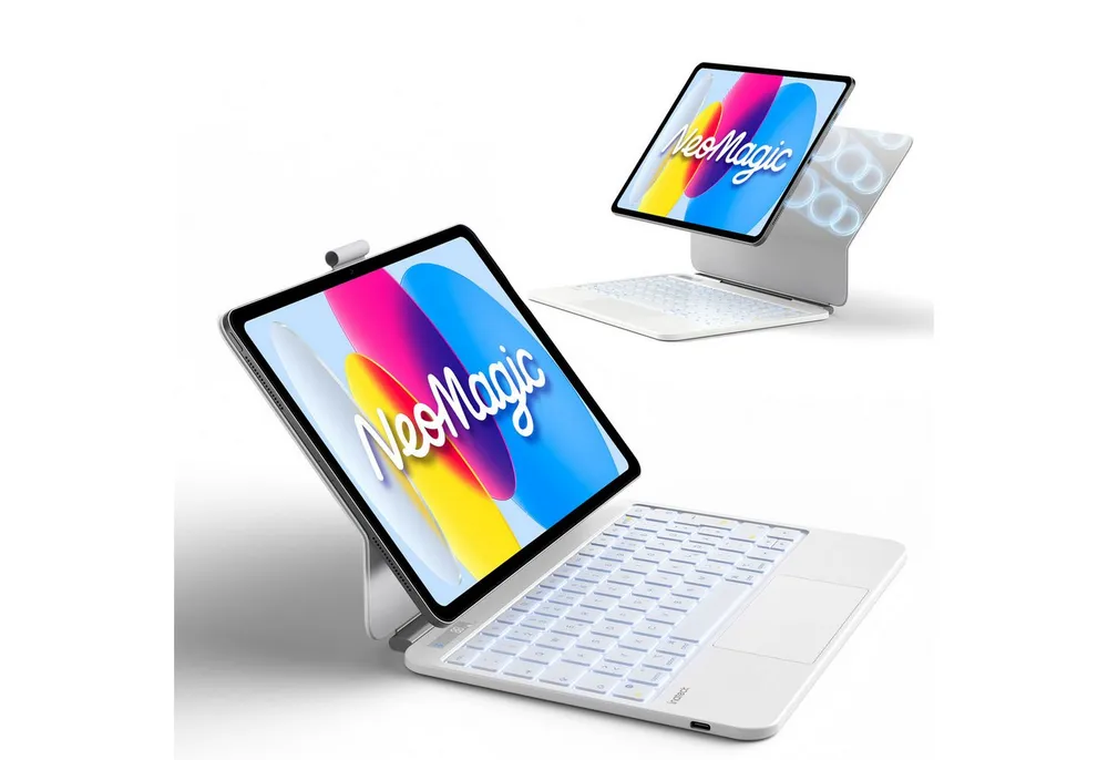 Inateck Magnetische Tastatur Hülle für iPad A16 11/10 Gen, Magic Keyboard iPad-Tastatur (Großes Trackpad,LED Anzeige,7 Farben Hinterleuchtet,mit Stifthalter)