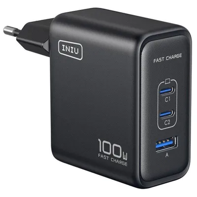 Wandladegerät INIU Leopard 100W GaN kompakt 2x USB-C 1x USB-A Schwarz