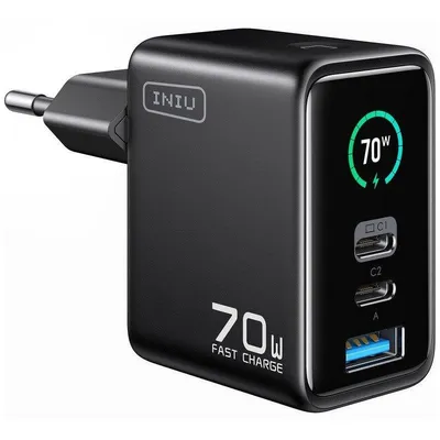 Wandladegerät INIU Leopard Mini 70W GaN 3-in-1 TFT-Display 2x USB-C 1x USB-A Schwarz EU
