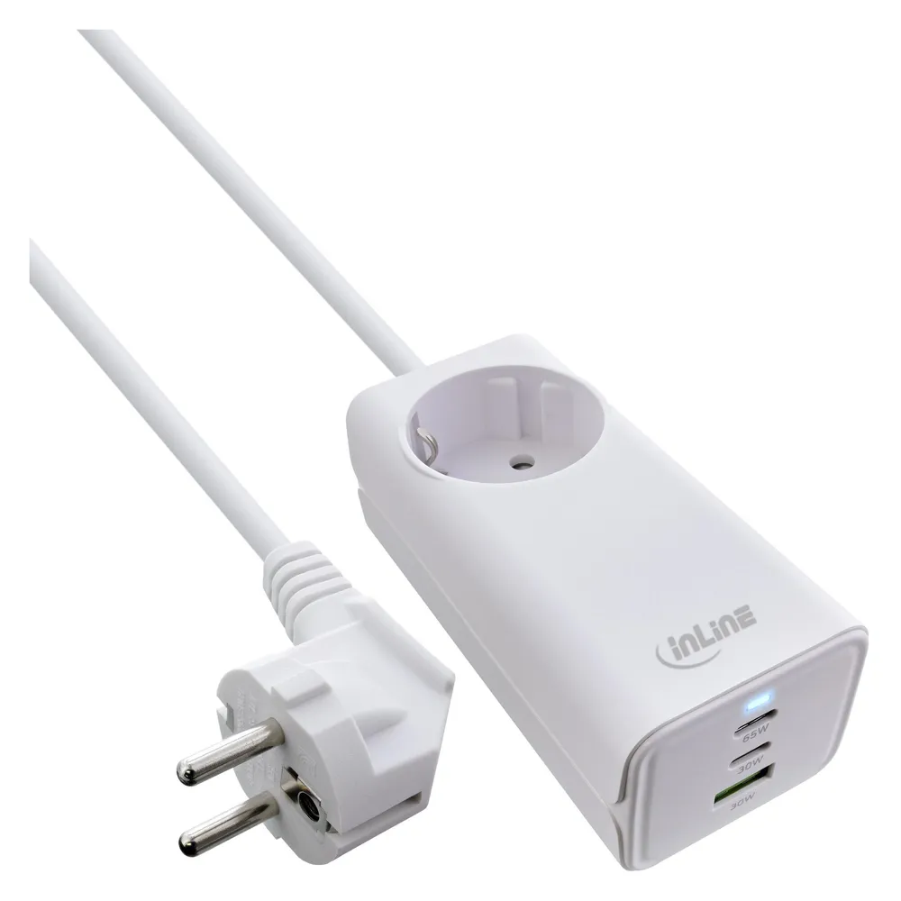 InLine USB Netzteil, 65W Ladegerät, 2x USB-C + 1x USB-A, mit Schutzkontaktbuchse und 1,5m Kabel, PD