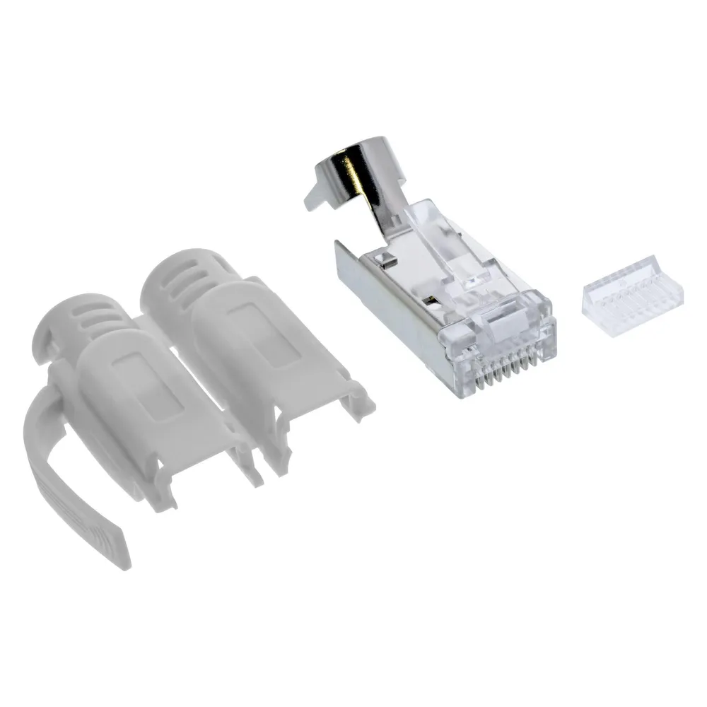 InLine 100er Pack Crimpstecker Cat.6A RJ45 geschirmt, mit Knickschutz und Einfädelhilfe, grau
