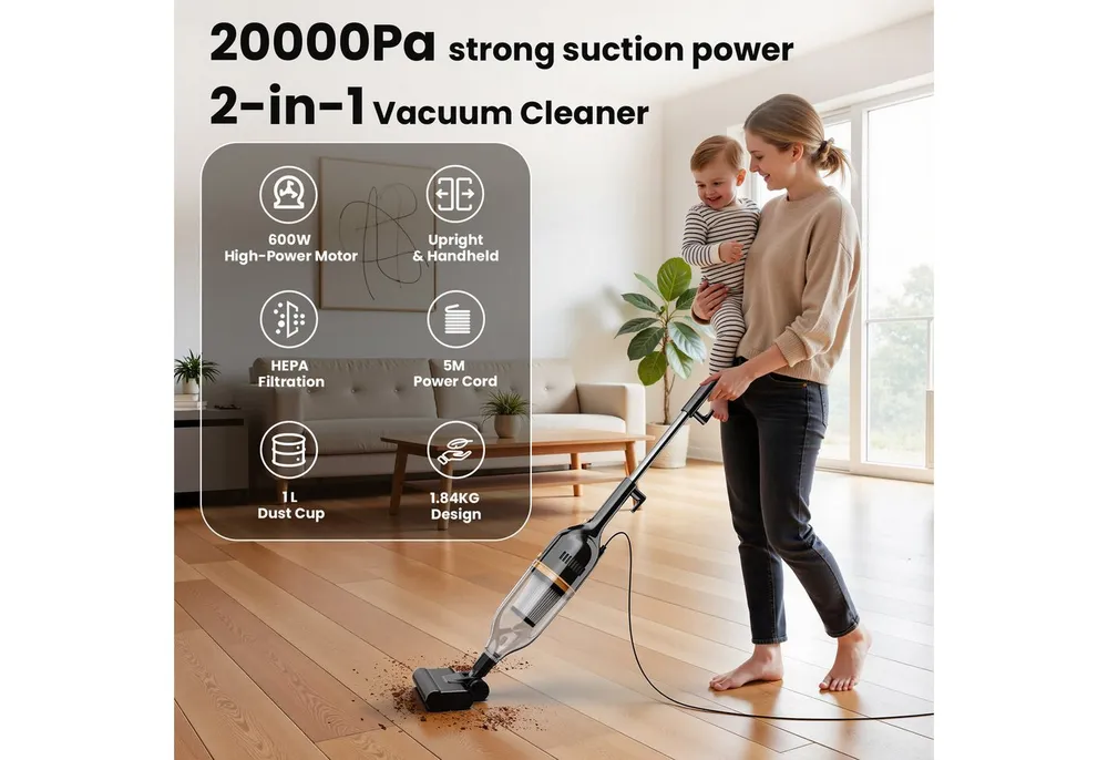 INSE Hand-und Stielstaubsauger R7 Kabelgebundener Stabstaubsauger, 600 W, beutellos, Leichtgewicht,kabelgebunden,600W Hochleistungsmotor