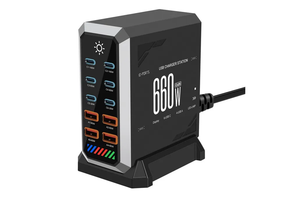 Insma 660W GaN USB-Ladegerät (10-Port (6x USB-C + 4x USB-A) PD 3.1 Smartphone Schnellladegerät, Desktop Ladestation mit LED-Anzeige)
