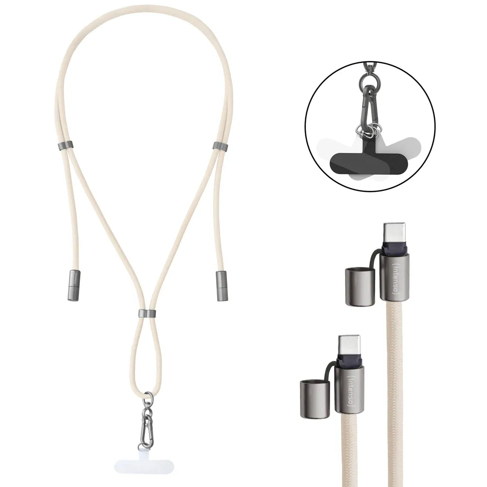Cell Phone Charging Lanyard, Handykette mit USB-C Lade- und Datenkabel, Beige