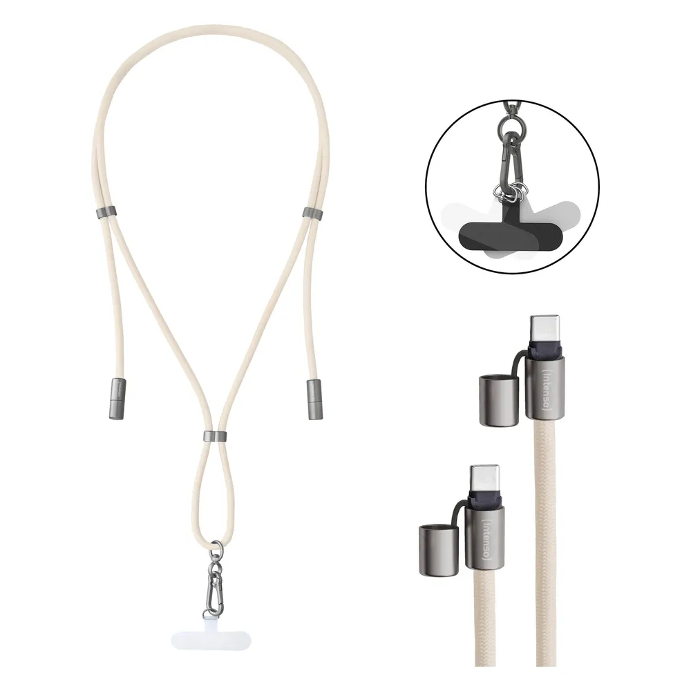 Cell Phone Charging Lanyard, Handykette mit USB-C Lade- und Datenkabel, Beige