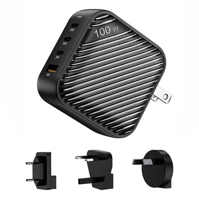Ladegerät INVZI GanHub 3x USB-C + USB 100W Schwarz mit Reiseadaptern